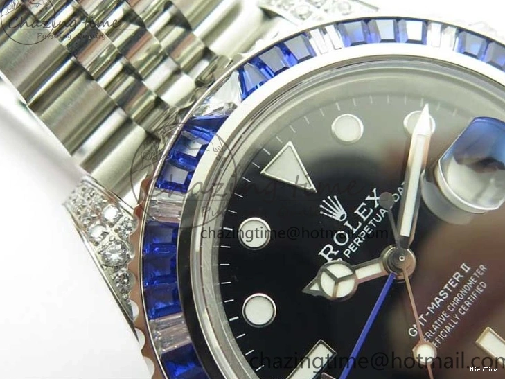 MiroTime 0401 GMT-Master II White Blue Diamonds Bezel 904L Steel GMF Best Edition Black Dial On Jubilee Bracelet SA3285 CHS V Original 2579